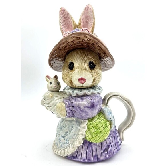 Fitz and Floyd Bunny Teapot OCI Omnibus 420Z Easter Bonnet Pastel Ceramic VTG - Picture 1 of 11